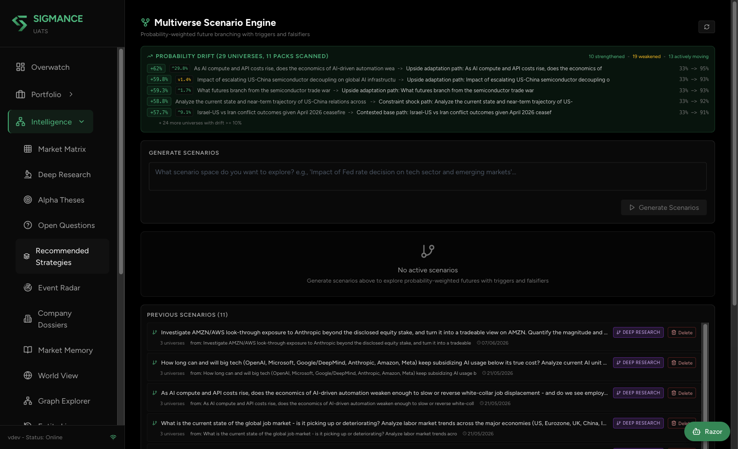 Multiverse scenario engine - probability-weighted future universes